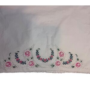 Vintage Hand Embroidered Floral Pillowcase White Cotton Pink Roses Lace Trim